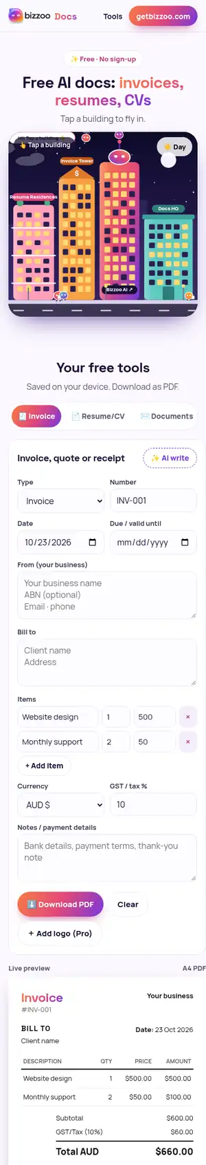Bizzoo Docs homepage preview